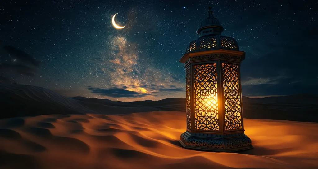 Traditionelle Laterne, die in der Wüste unter einer Mondsichel leuchtet, als Symbol für Eid al-Fitr 2026