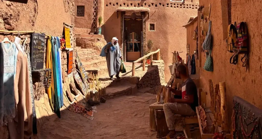 Kunsthandwerkerläden und handgefertigtes Kunsthandwerk säumen einen schmalen irdenen Weg im Ksar von Aït Benhaddou