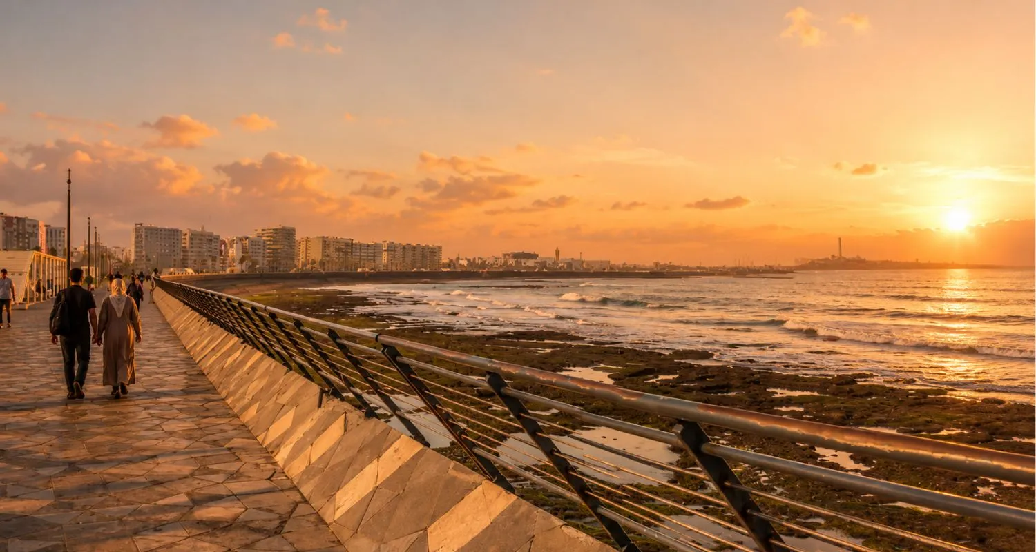 Pareja paseando por el paseo marítimo de La Corniche, en Casablanca, al atardecer