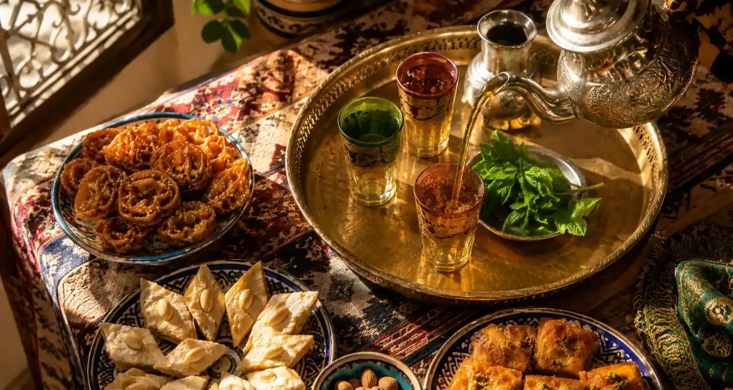 Mint tea poured over a brass tray of chebakia and almond pastries in a Moroccan home
