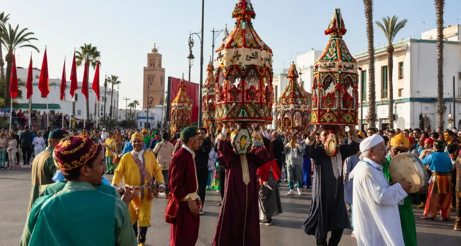 Minaretes de velas de cera que se llevan por las calles de Salé, Marruecos
